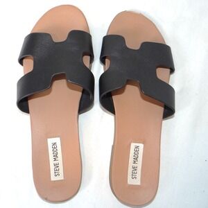 Steve Madden Roceen Black Leather H-Band Slide Sandals ROCN01S1 Women's 9M